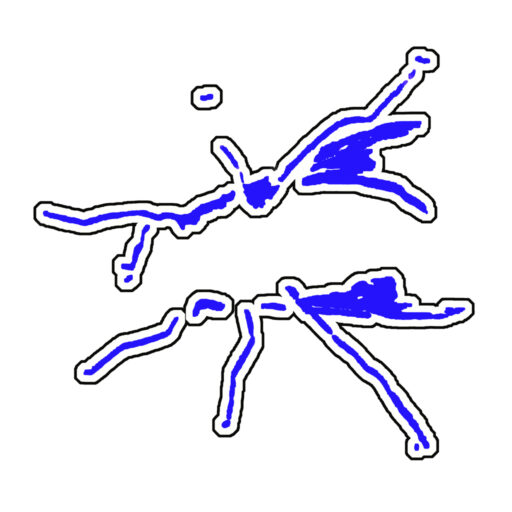 Abgewandelte Form einer gezeichneten Fliege, stilisiert in Blau und Schwarz. Ein Spiel mit Linie, Raum und Geste