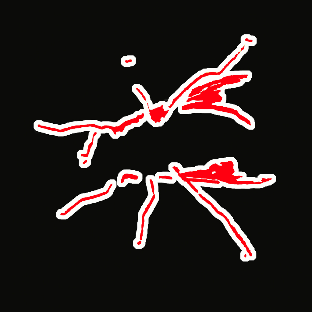 Zwei abstrahierte, rot-weiße Figuren scheinen in entgegengesetzte Richtungen zu stürzen oder zu fliegen – auf schwarzem Hintergrund.