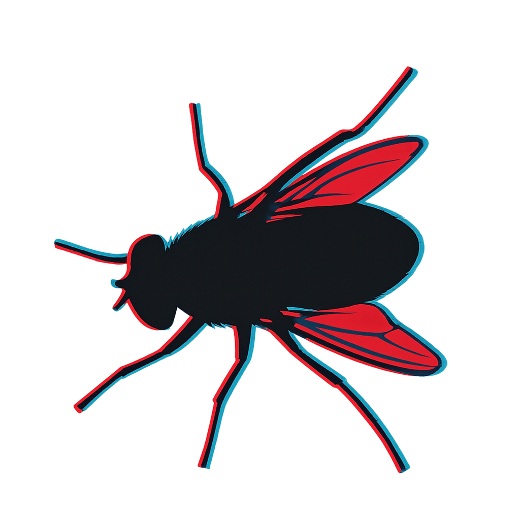 Stilisierte Fliege in Schwarz mit leuchtenden roten und cyanfarbenen Konturen auf transparenten Hintergrund. Die Darstellung erinnert an einen 3D-Effekt – präzise, verzerrt, schwebend.