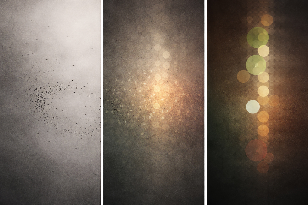 Triptychon aus drei abstrakten Bildern: links ein Schwarm kleiner Punkte auf grauem Grund, mittig eine warme Lichtstreuung in Braun-Orange, rechts eine vertikale Linie aus unscharfen Lichtkreisen in Grün und Gold.