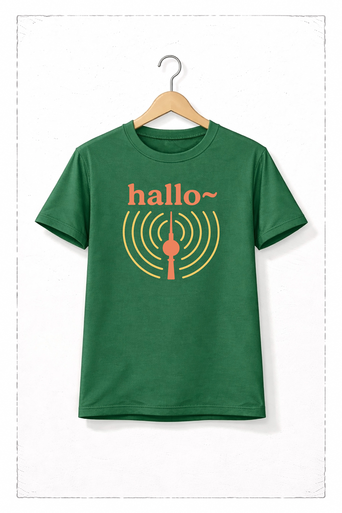 Gruenes T-Shirt mit dem Aufdruck hallo und einer stilisierten Funkantenne in Orange Gelb