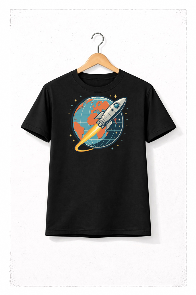 Weltraum T-Shirt in schwarz mit bunter Illustration: Eine Rakete startet mit Feuerstrahl von der Erde ins All, die Erde ist als Globus mit Kontinenten im Hintergrund dargestellt.