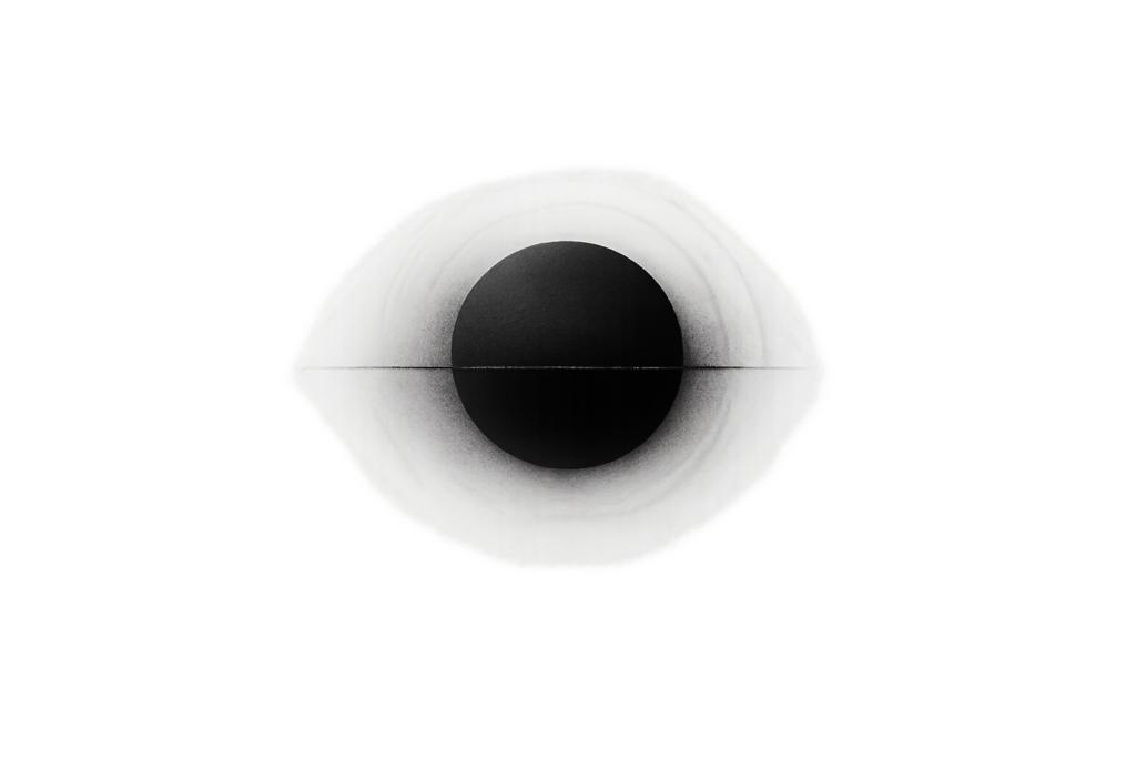 Abstrakter schwarzer Kreis mit weichem Schattennebel und horizontaler Linie auf hellem Hintergrund.