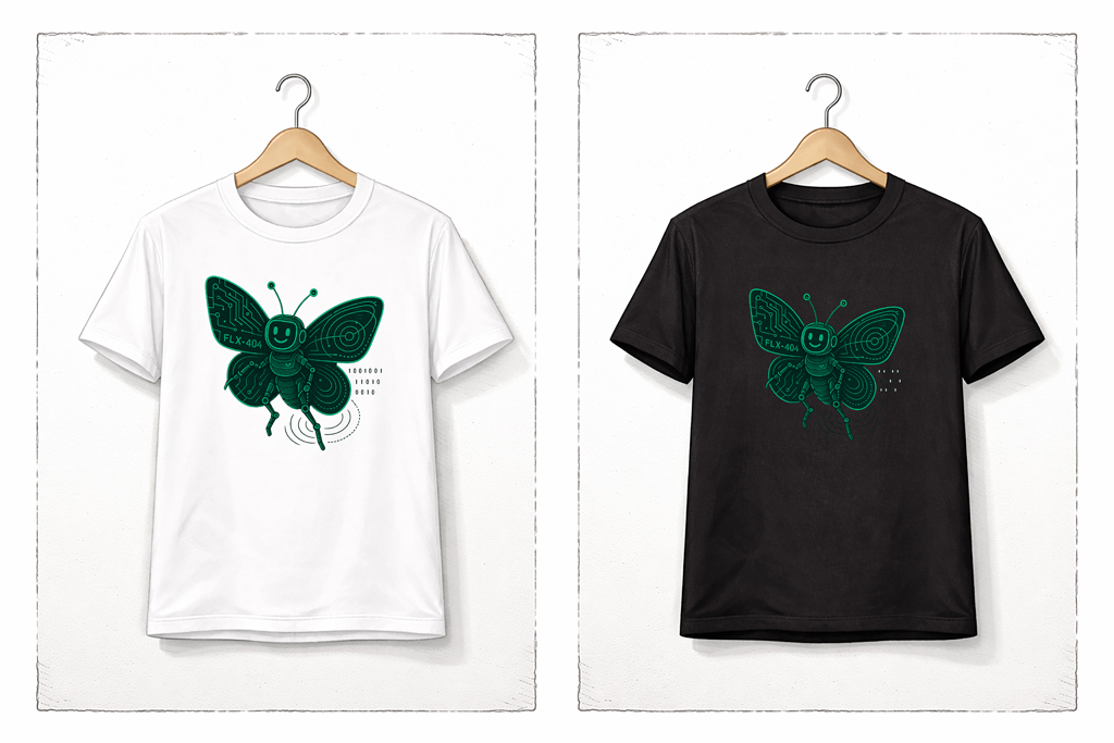 Zwei T-Shirts auf Holzbügeln, eines in Weiß, eines in Schwarz. Beide zeigen eine stilisierte, grün leuchtende Schmetterlingsfigur mit Roboterkopf, aufgedrucktem Text „FLX-404“ und digital anmutenden Linienflügeln.