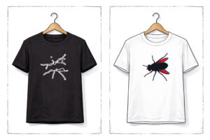 Zwei T-Shirts auf Bügeln: links ein schwarzes Shirt mit weißem Linienmotiv einer Fliege in Bewegung, rechts ein weißes Shirt mit schwarzer Fliegensilhouette und roten Flügeln im 3D-Glitch-Stil.