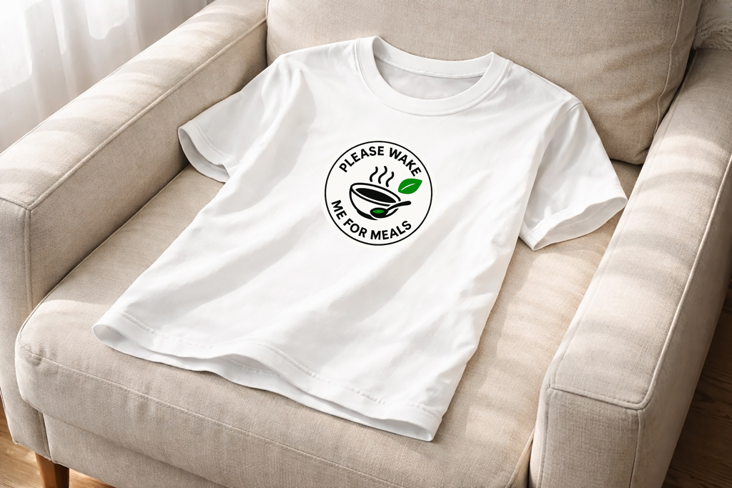 Weißes T-Shirt mit einem runden Logo, in dem eine dampfende Suppenschale mit zwei grünen Blättern abgebildet ist. Darum steht: „Please wake me for meals“. Das Shirt liegt auf einem beigen Sessel.